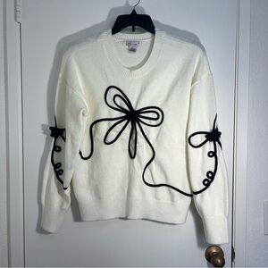 NWT Lark+Grey White Sweater Ribbon Black Bow Appliqué Size Large Grandmacore